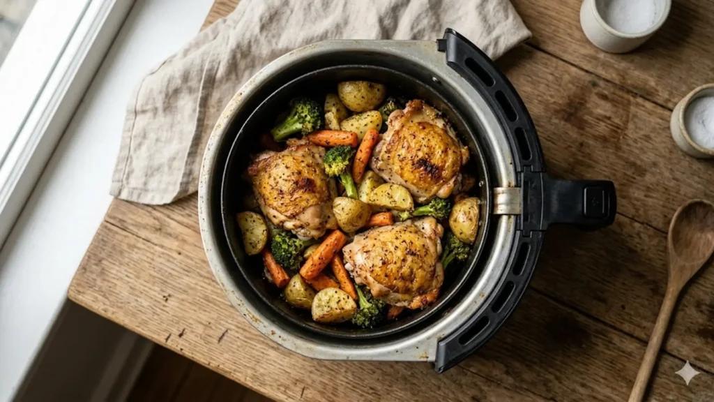 Aluminium air fryer, beautifully styled overhead food photograph