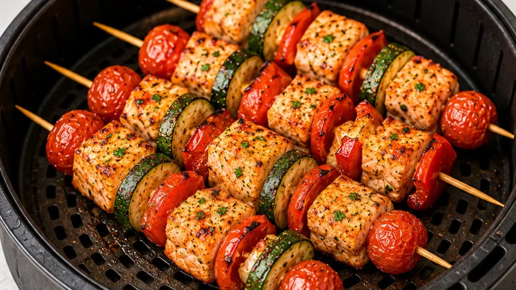 Saumon & Légumes Airfryer : Plat Royal - brochettes saumon - Brochettes saumon : Réalisez cette recette facile et saine au Airfryer en 45 minutes. Parfaites pou
