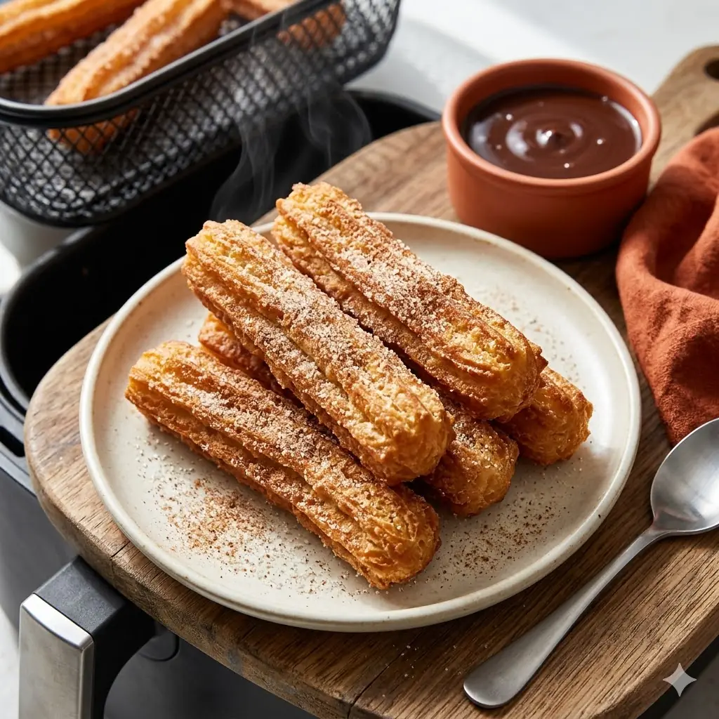 Pilier Desserts & pâtisserie, des churros dorés et croustillants saupoudrés de sucre cuits à l'Air Fryer