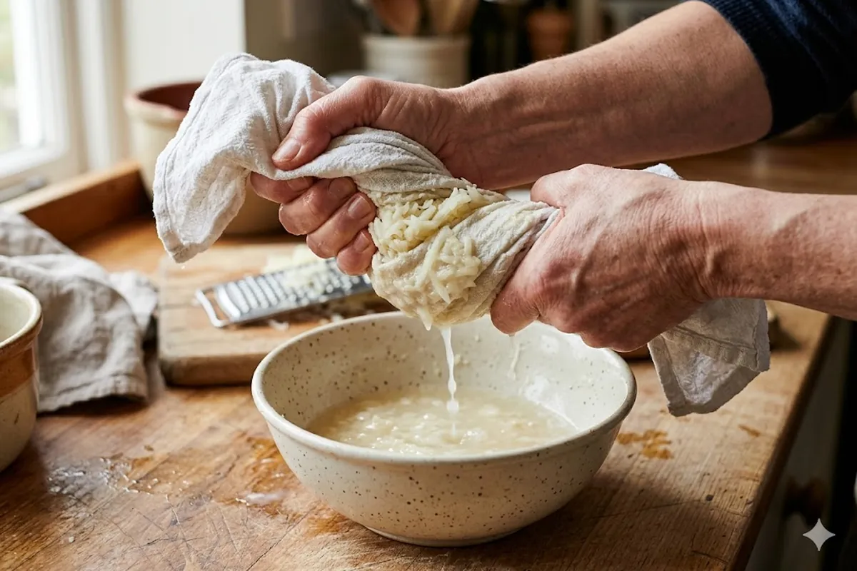 Essorer la pomme de terre rapee dans un torchon avant cuisson