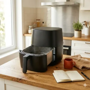 Pilier Maîtriser son Air Fryer, un Air Fryer moderne ouvert sur un plan de travail avec un carnet de réglages