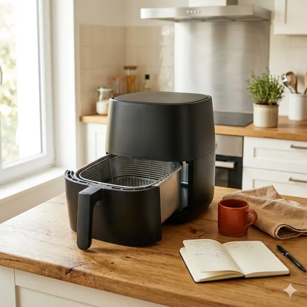 Pilier Maîtriser son Air Fryer, un Air Fryer moderne ouvert sur un plan de travail avec un carnet de réglages