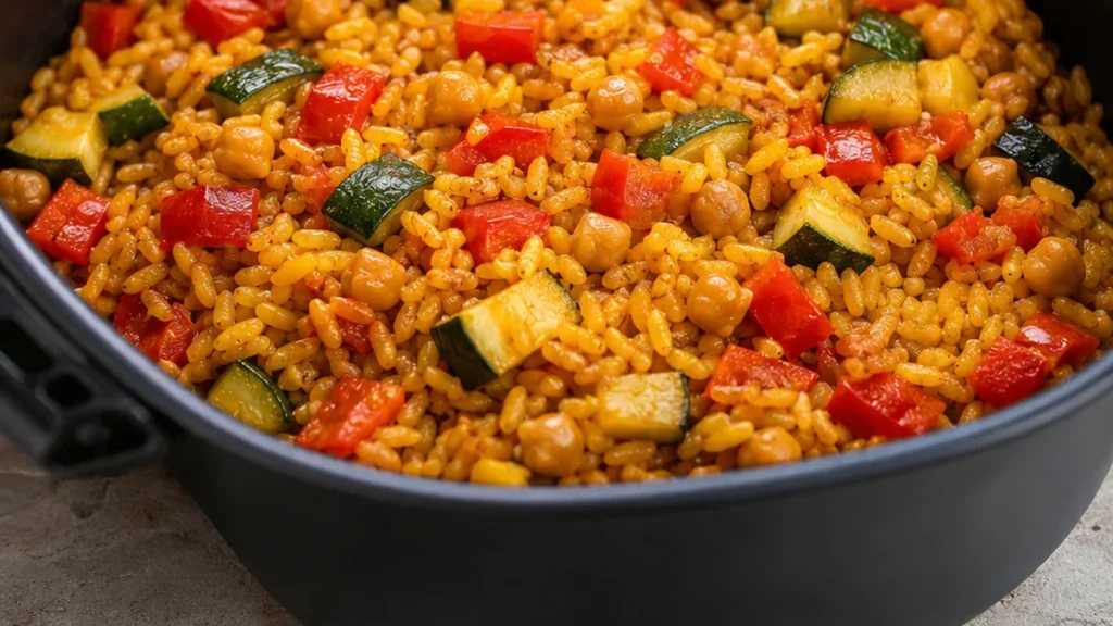 Paella Végétarienne Express à l'Airfryer - Paella végétarienne : préparez cette recette savoureuse et rapide au Airfryer. Un plat ensoleillé, riche en légumes e