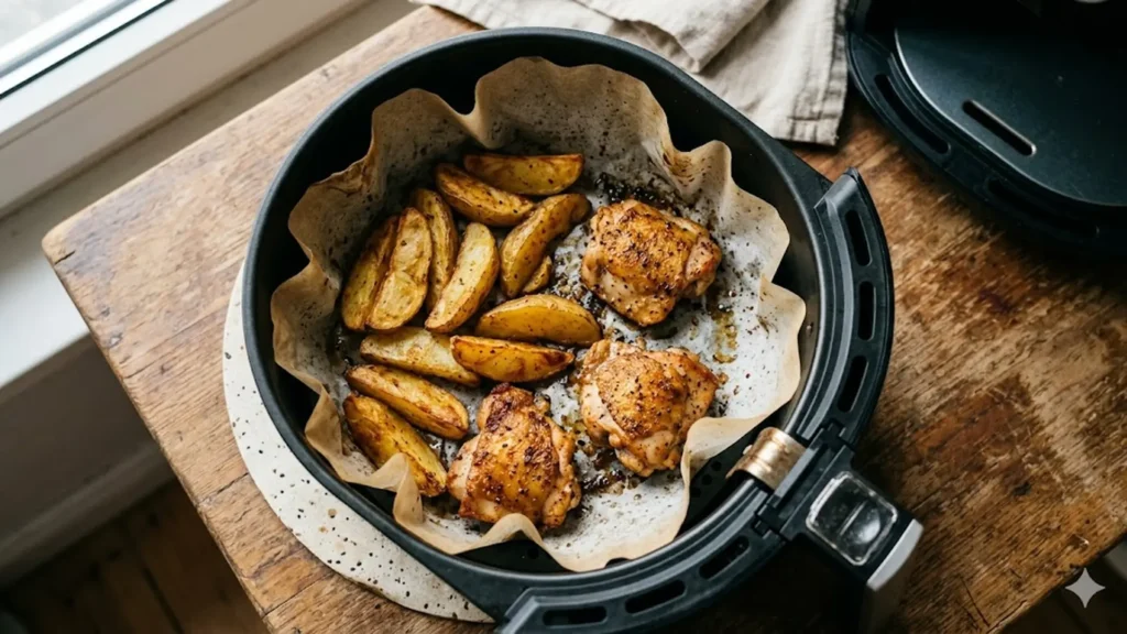 Papier cuisson air fryer, beautifully styled overhead food photograph