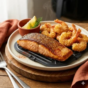 Pilier Poissons & fruits de mer, un pavé de saumon nacré et des crevettes dorées cuits à l'Air Fryer