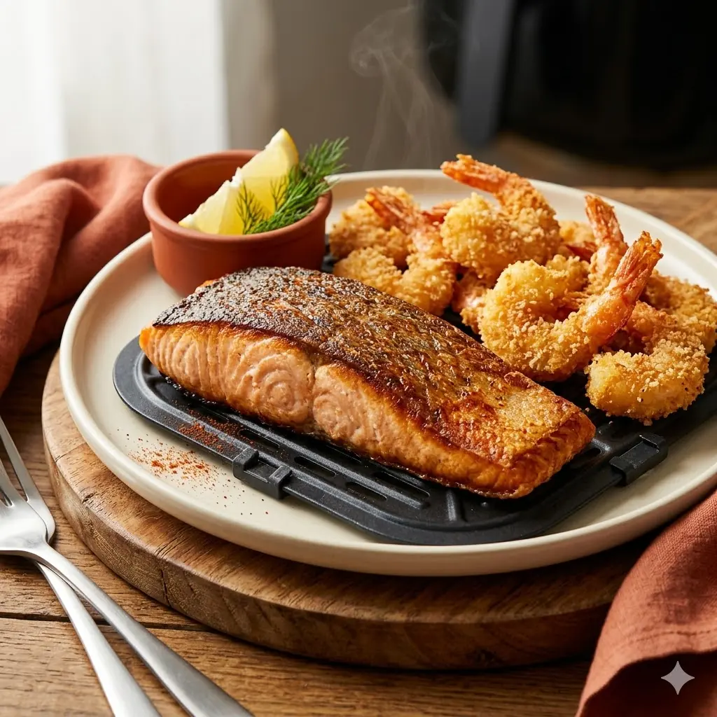 Pilier Poissons & fruits de mer, un pavé de saumon nacré et des crevettes dorées cuits à l'Air Fryer