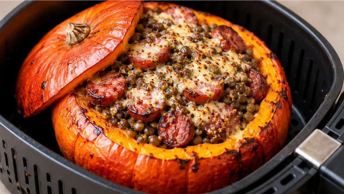 Potimarron Farci Airfryer : Dîner Confort Ultime ! Potimarron farci: préparez ce plat réconfortant aux lentilles et saucisse de Montbéliard. Simple à réaliser à