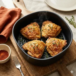 Pilier Poulet & volailles, des cuisses de poulet à la peau dorée et croustillante dans un panier d'Air Fryer