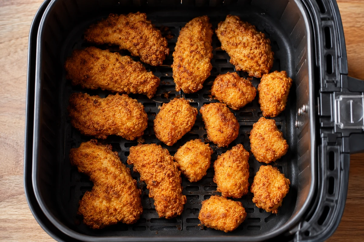 Morceaux de poulet panÃ© et nuggets croustillants disposÃ©s dans un panier de air fryer