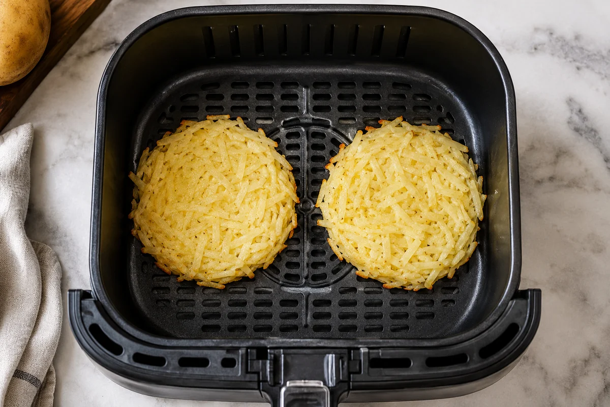 Röstis crus disposés dans le panier du air fryer Deux galettes de rösti crues en une seule couche dans un panier de air fryer