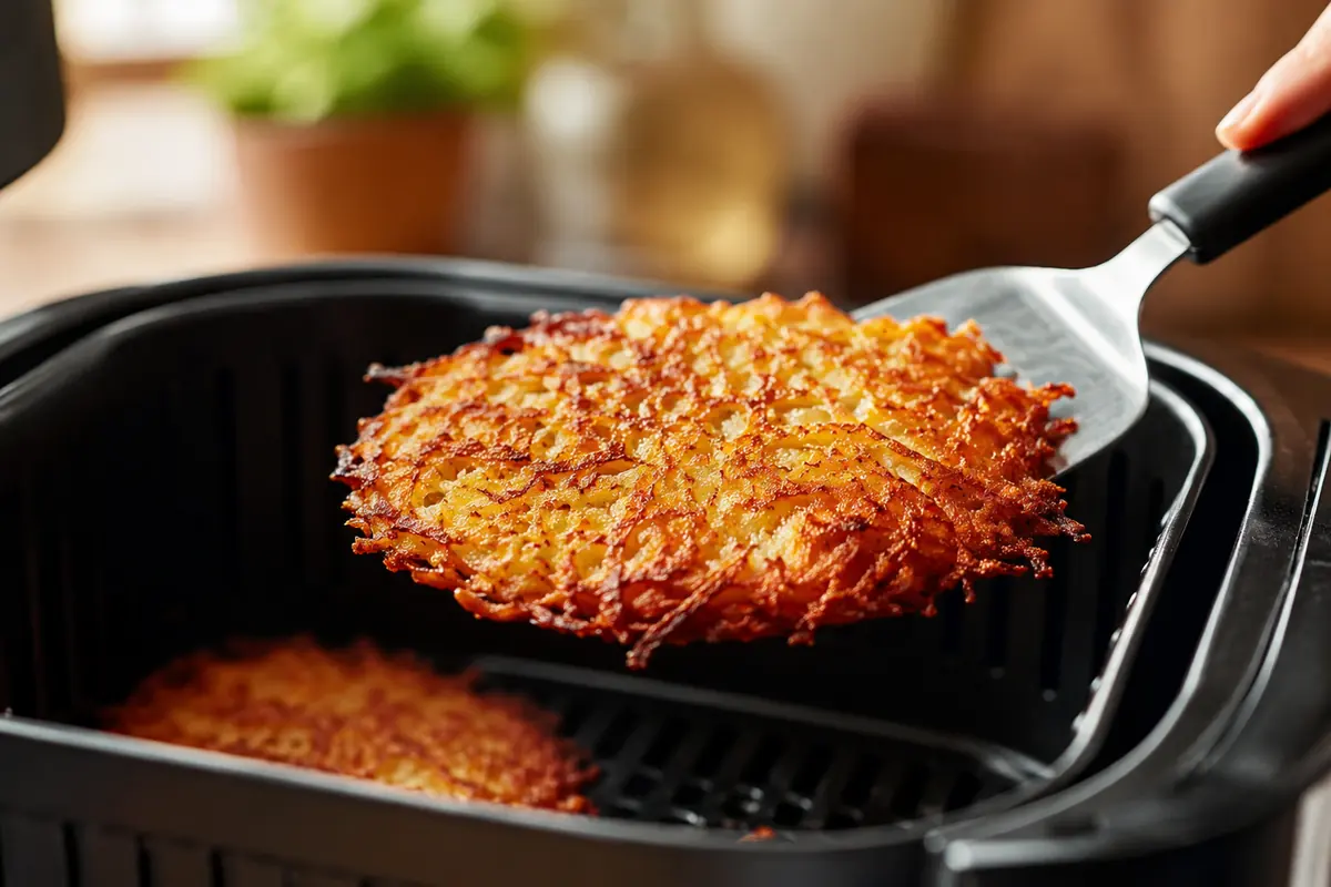 Rösti croustillant soulevé du air fryer à la spatule Spatule soulevant un rösti doré et croustillant hors du air fryer