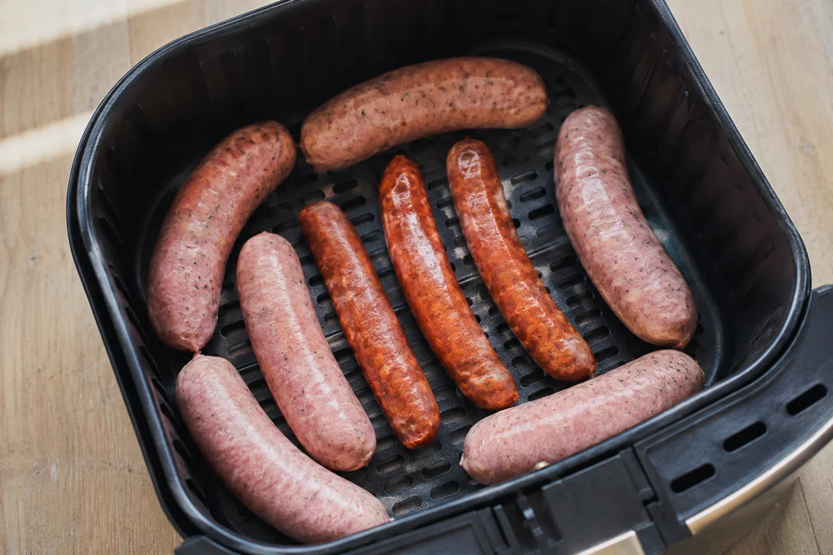 Saucisses crues de diffÃ©rents types disposÃ©es en une seule couche dans un panier de air fryer