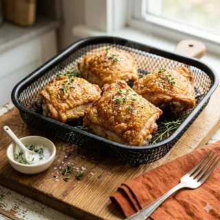 Poulet Air Fryer, des cuisses de poulet à la peau dorée et croustillante