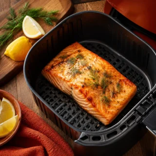 Saumon Air Fryer, un pavé de saumon nacré au dessus doré