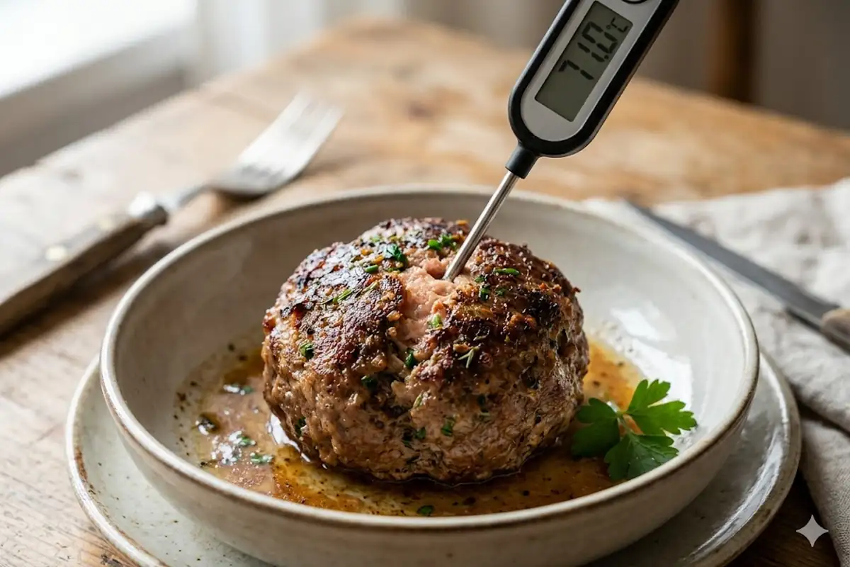 Verifier la temperature a coeur d'une boulette de viande avec un thermometre