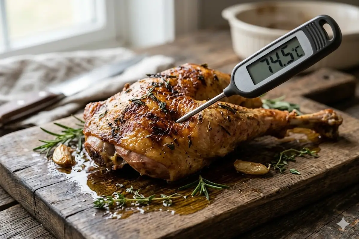 Verifier la temperature a coeur d'une cuisse de dinde avec un thermometre