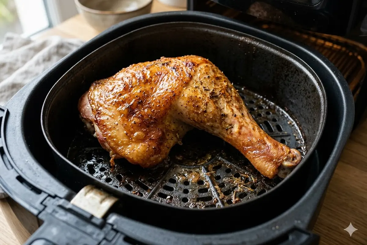 Retourner une cuisse de dinde a mi-cuisson au air fryer pour dorer la peau