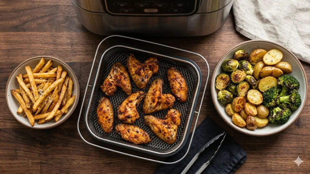 Temps de cuisson air fryer, beautifully styled overhead food photograph
