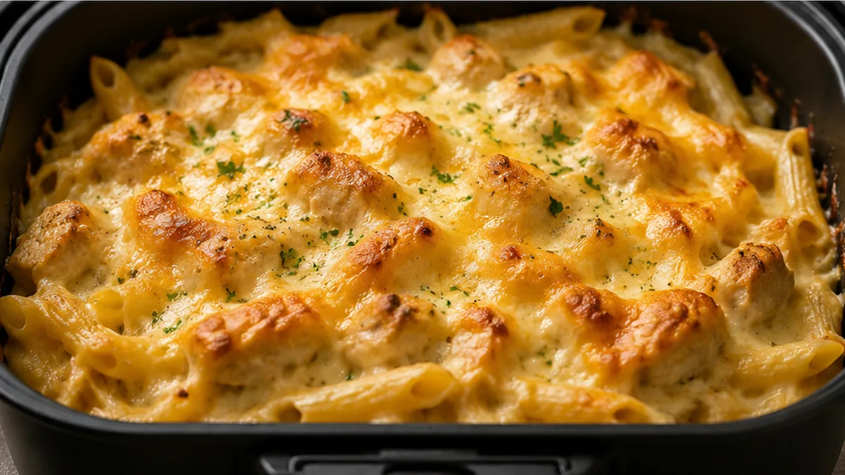 Gratin de Pâtes Tout-en-un à l'Air Fryer : Ultra Crémeux ! - gratin pâtes - Gratin Pâtes : réalisez ce plat tout-en-un ultra crémeux avec du poulet cru directem