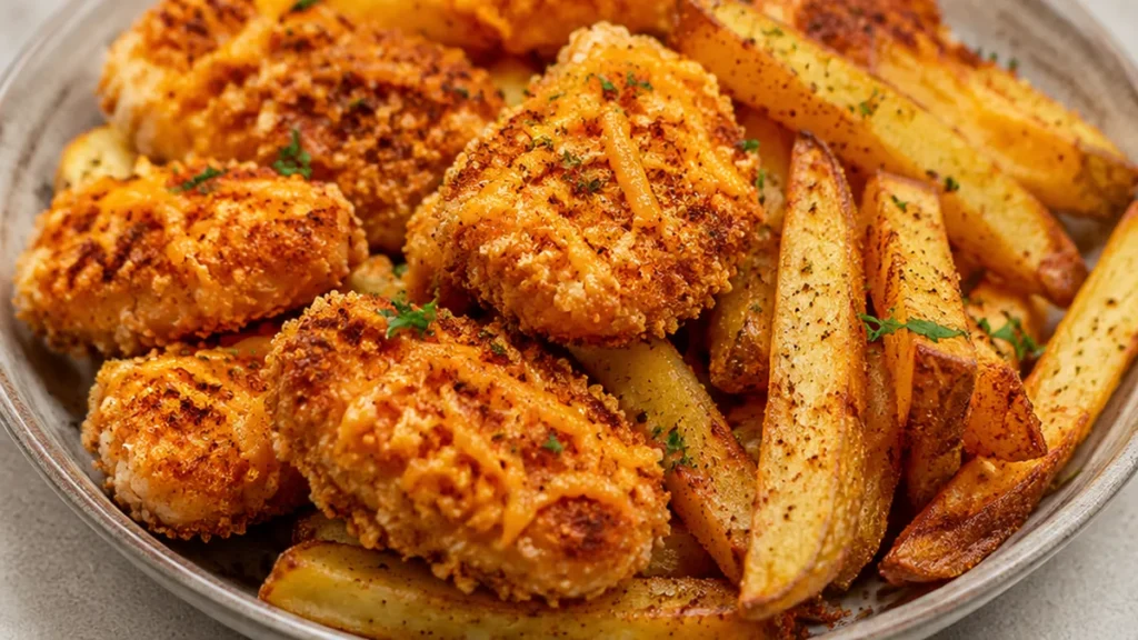 Nuggets & Frites au Cheddar Croustillant Airfryer ! - nuggets airfryer - Nuggets Airfryer : préparez des nuggets maison croustillants et des frites au cheddar f